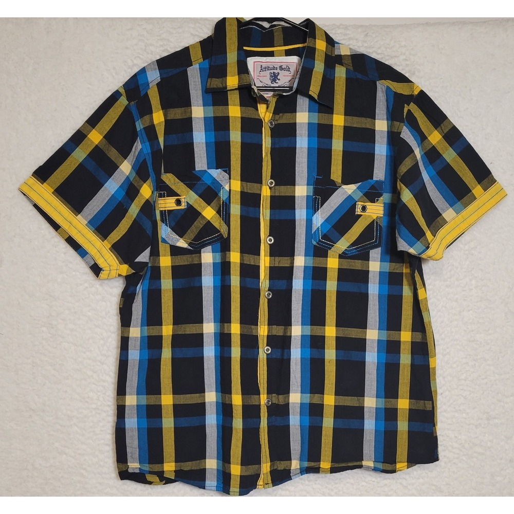 Attitude Gold Plaid Mens Shirt Size 2XL XXL Black Blue Yellow Short Sleeve 1303